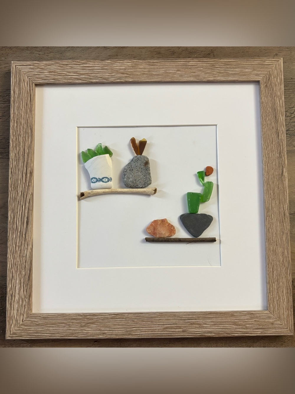 Handmade Decor 3D Framed 10”x10” artwork with beach glass, rocks, and findings